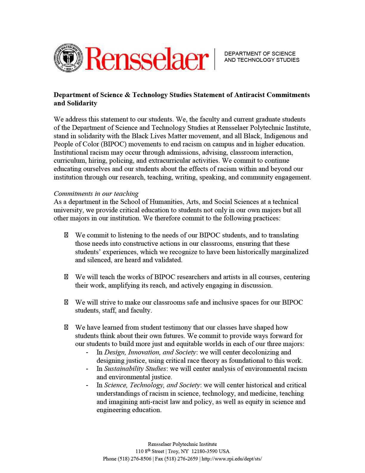 A statement of antiracist commitment and solidarity from STS.