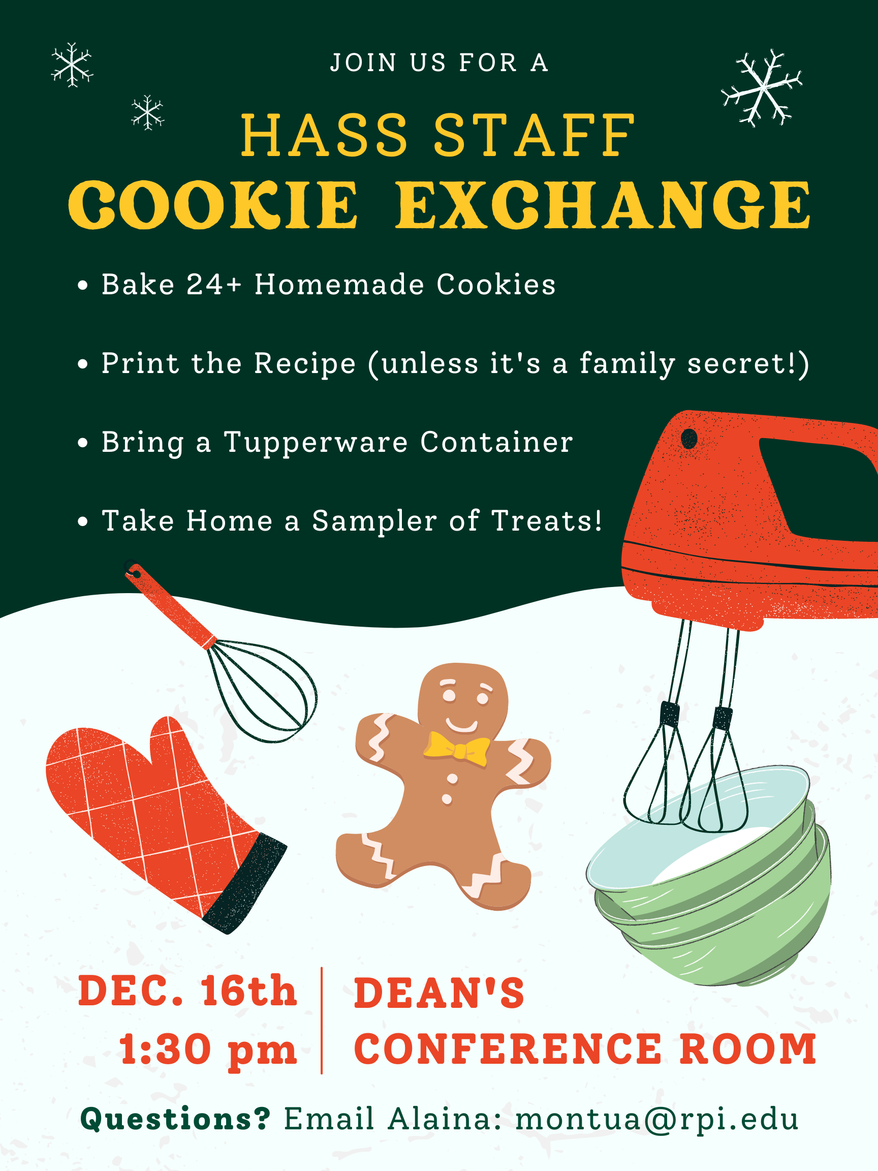an invite for the HASS cookie exchange, showing baking and christmas decorations