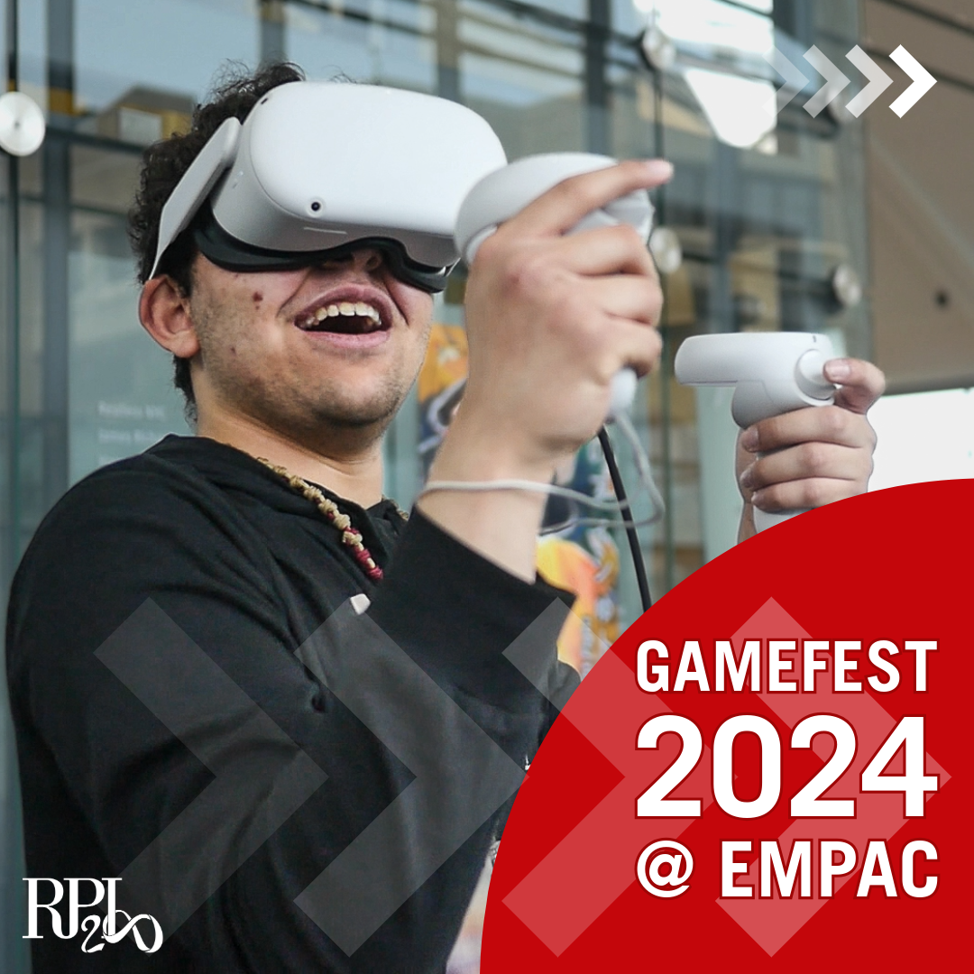 a student wearing a VR headset, Gamefest 2024 at EMPAC written in the lower right corner with white letters on a red quarter circle