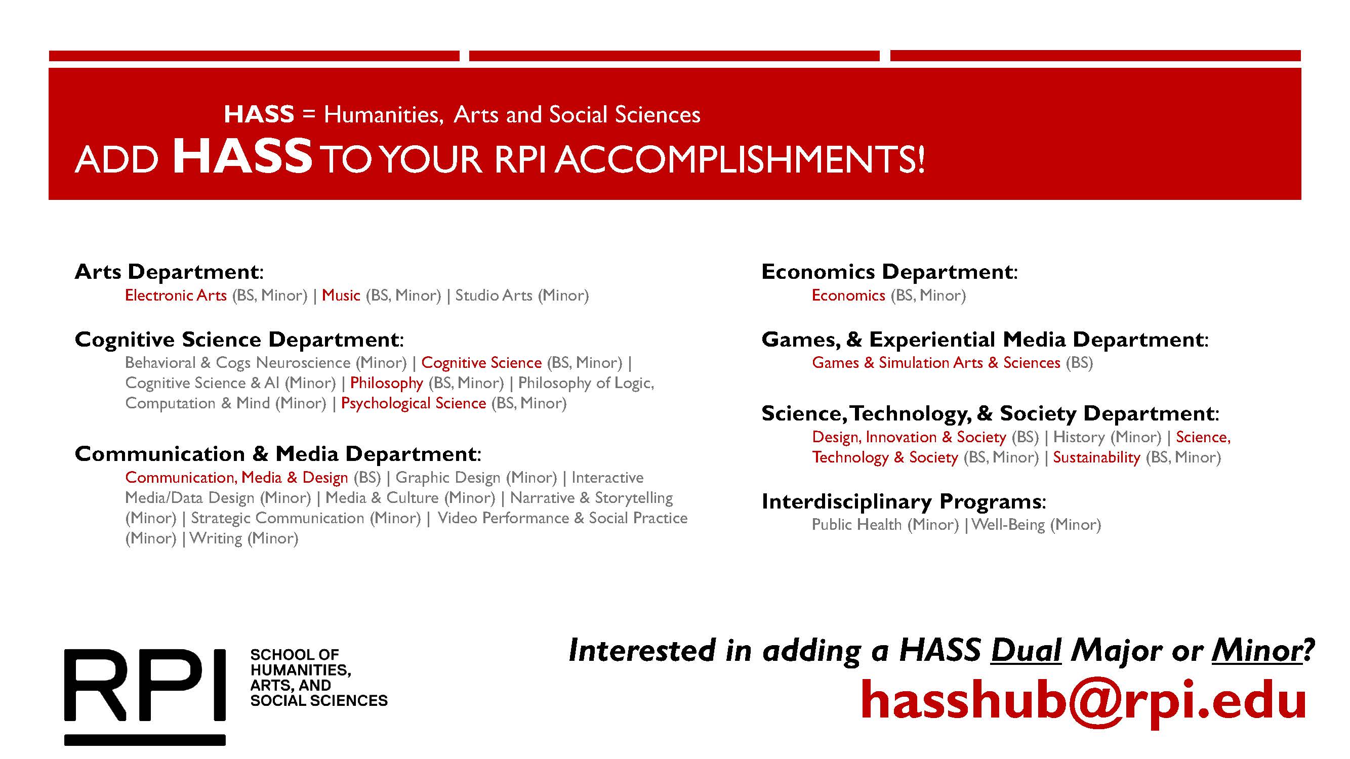 Promotional graphic from RPI’s School of Humanities, Arts, and Social Sciences encouraging students to add HASS majors or minors, listing departments such as Arts, Cognitive Science, Communication & Media, Economics, Games & Experiential Media, and Science, Technology & Society, with contact email hasshub@rpi.edu.