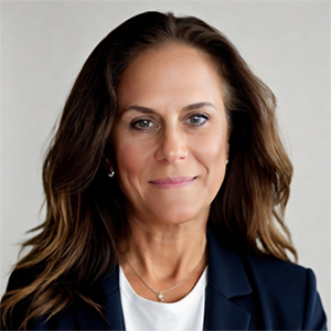 Tracy Simpson, a brown haired woman wearing a black jacket and white top