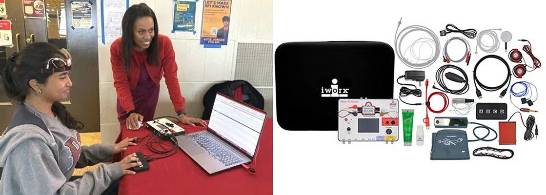 L image: Dr. Berry working with a subject on a laptop; R image: various medical and sensor equipment