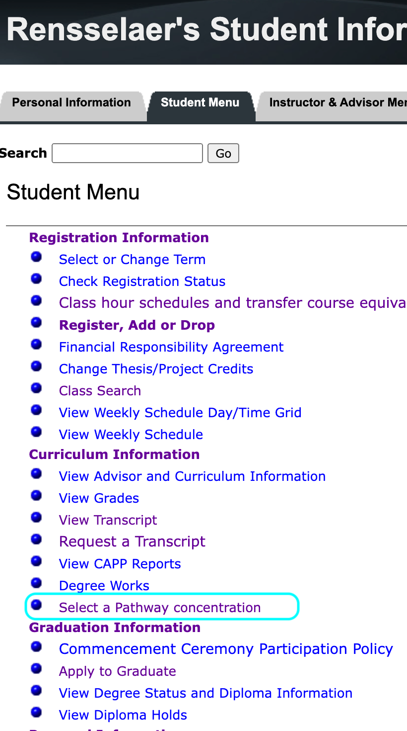 Screenshot of SIS, showing the link to where student's declare their Pathway