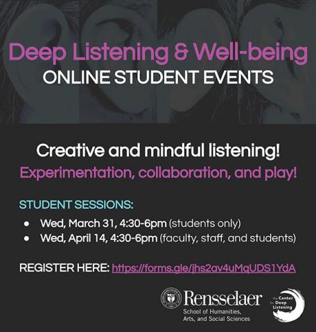 a flyer for Deep Listening depicting people's ears in the background