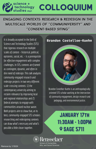 poster for colloquium with Brandon Costelloe-Kuehn on January 7th
