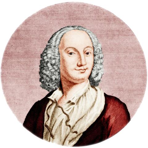 an illustration of Antonio Vivaldi - a caucasian male with curly white hair wearing a billowy off-white top and red jacket