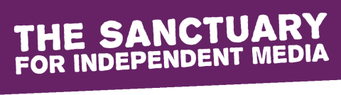The Sanctuary for Indepenent Media logo, white text on purple background