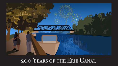 a graphic of the Erie Canal, with people walking on the left and fireworks exploding beyond the tree line