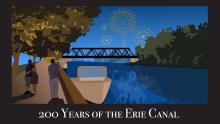 a graphic of the Erie Canal, with people walking on the left and fireworks exploding beyond the tree line